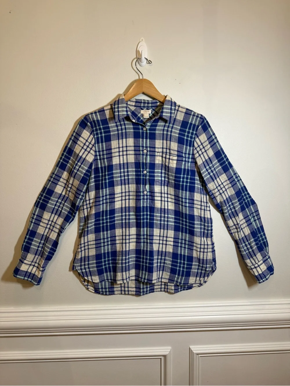 Blue Cream Plaid Cotton Popover Shirt Partial Button Placket Preppy Coastal Sz S